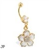 Gold Tone Belly Ring with Dangling Jeweled Flower