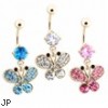 Gold Tone Belly Ring with Dangling Paved Gem Butterfly