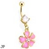 Gold Tone Belly Ring with Dangling Pink Flower