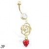 Gold Tone belly ring with dangling rose outline and strawberry