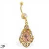 Gold Tone belly ring with dangling royal shield with large gem