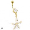 Gold Tone belly ring with large dangling jeweled flower