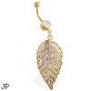 Gold Tone belly ring with large dangling leaf and gems