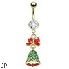 Gold Tone Christmas Belly Button Ring with Dangling Bow And Bell