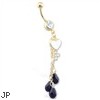 Gold Tone jeweled belly ring with dangling heart key and black stones