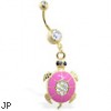 Gold Tone navel ring with dangling pink jeweled turtle