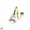 Gold Tone twister barbell with teardrop gem, 16 ga