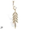 Gold Toned Belly Ring With CZ Gem Paved Leaf