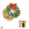 Gold Toned Wreath Double Flaired Tunnels, PAIR