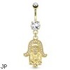 Hamsa Gem Paved Dangle Gold Tone Navel Ring