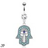 Hamsa with Paved TurquoiseAnd Blue Center CZ Dangle Surgical Steel Navel Ring