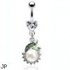 Heart gem navel ring with jeweled dangle and large pearl