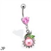 Heart gem navel ring with jeweled dangle and large PINK pearl