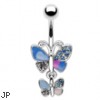 Hinged multi-color pave jeweled double butterfly belly ring