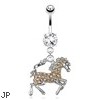 Horse with Peach Tone Paved Gems Dangle Surgical Steel Navel Ring