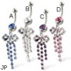 Jeweled belly button ring with bow and three dangles