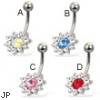 Jeweled belly button ring with colored pointed center stone