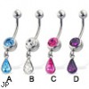 Jeweled belly button ring with dangling teardrop gem