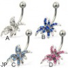 Jeweled belly button ring with exotic flower