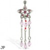 Jeweled belly button ring with flower and three dangles