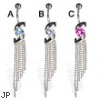 Jeweled belly button ring with uneven dangles