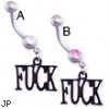 Jeweled belly ring with dangling black "F*CK"