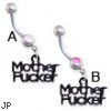 Jeweled belly ring with dangling black "MOTHER F**KER"