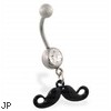 Jeweled belly ring with Dangling Black Curly Mustache