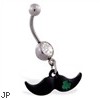 Jeweled belly ring with Dangling Black Mustache with Clover