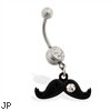 Jeweled belly ring with Dangling Black Mustache with CZ