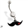 Jeweled belly ring with Dangling Black Mustache with Heart