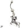 Jeweled belly ring with dangling cowboy riding horse