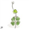 Jeweled belly ring with dangling green four leaf clover