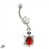 Jeweled belly ring with dangling jeweled turtle with large red gem