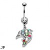 Jeweled belly ring with dangling multi-color dolphin