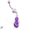 Jeweled belly ring with dangling purple flipflop with hearts