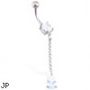 Jeweled belly ring with dangling teardrop CZ on chain