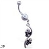 Jeweled belly ring with double skull dangle