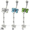 Jeweled butterfly belly button ring with dangling butterfly