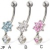 Jeweled flower belly button ring with dangling jeweled heart