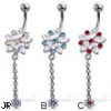 Jeweled flower belly button ring with small flower dangle