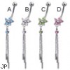 Jeweled flower belly button ring with three cylinders on dangles