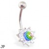 Jeweled flower belly ring with rainbow crystal ball