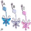 Jeweled flower navel ring with dangling jeweled butterfly