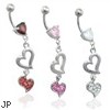 Jeweled heart belly ring dangling double hearts