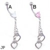 Jeweled heart belly ring with dangling heart handcuffs