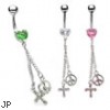 Jeweled heart belly ring with dangling jeweled peace sign and cross