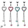 Jeweled heart navel ring with dangling chains and hearts