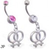 Jeweled navel ring with dangling double female gender symbol