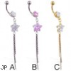 Jeweled navel ring with dangling flower and chains